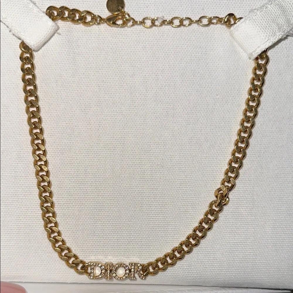 Dior Gold Crystal-Embellished Logo Chain Necklace - Picture 2 of 7
